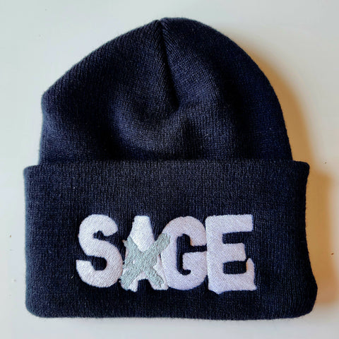 SAGE FRANCIS 'A Healthy Distrust' SILVER/WHITE-on-BLACK Folded Brim Knit Hat