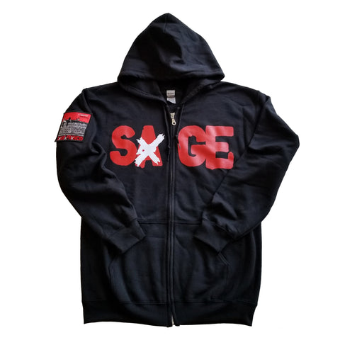 Sage Francis "A Healthy Distrust" RED-on-BLACK Zip Hoodie